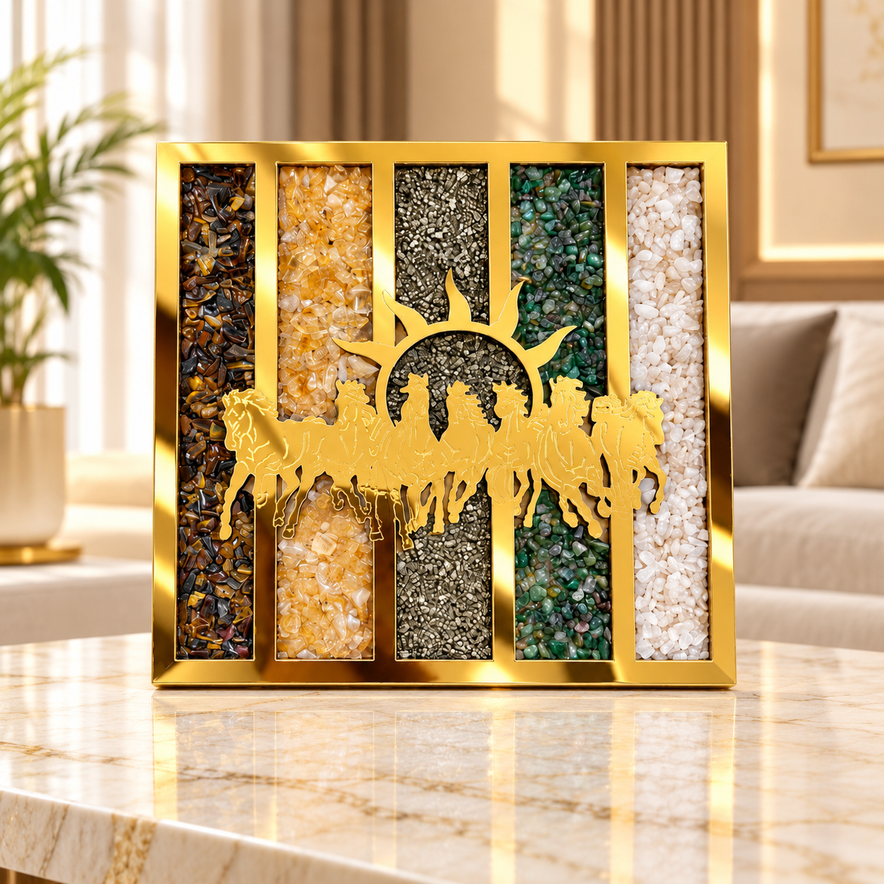 7 Horses Dhan Yog Crystal Frame 6 Inch | Tiger Eye, Citrine, Pyrite, Green Aventurine & Rose Quartz | Seven Running Horses Wall Decor for Home, Office & Vaastu Decoration