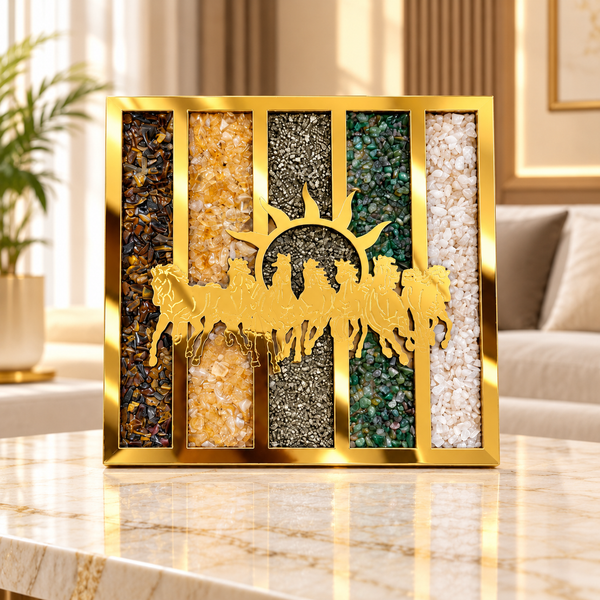 7 Horses Dhan Yog Crystal Frame 6 Inch | Tiger Eye, Citrine, Pyrite, Green Aventurine & Rose Quartz | Seven Running Horses Wall Decor for Home, Office & Vaastu Decoration