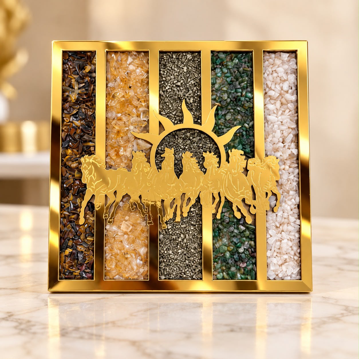 7 Horses Dhan Yog Crystal Frame 6 Inch | Tiger Eye, Citrine, Pyrite, Green Aventurine & Rose Quartz | Seven Running Horses Wall Decor for Home, Office & Vaastu Decoration