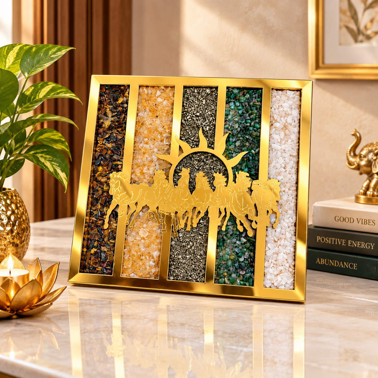 7 Horses Dhan Yog Crystal Frame 6 Inch | Tiger Eye, Citrine, Pyrite, Green Aventurine & Rose Quartz | Seven Running Horses Wall Decor for Home, Office & Vaastu Decoration